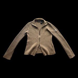DKNY Jeans Brown Ribbed Knit Sweater Double Zipper 90s